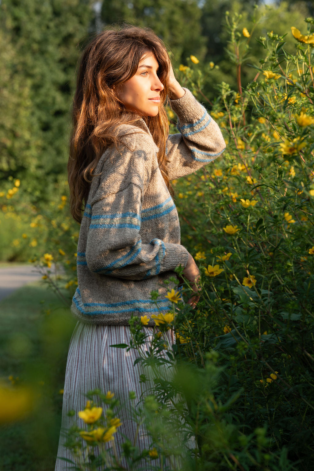 Imogene Oversized Wool Henley in Beige and Blue XS Sample
