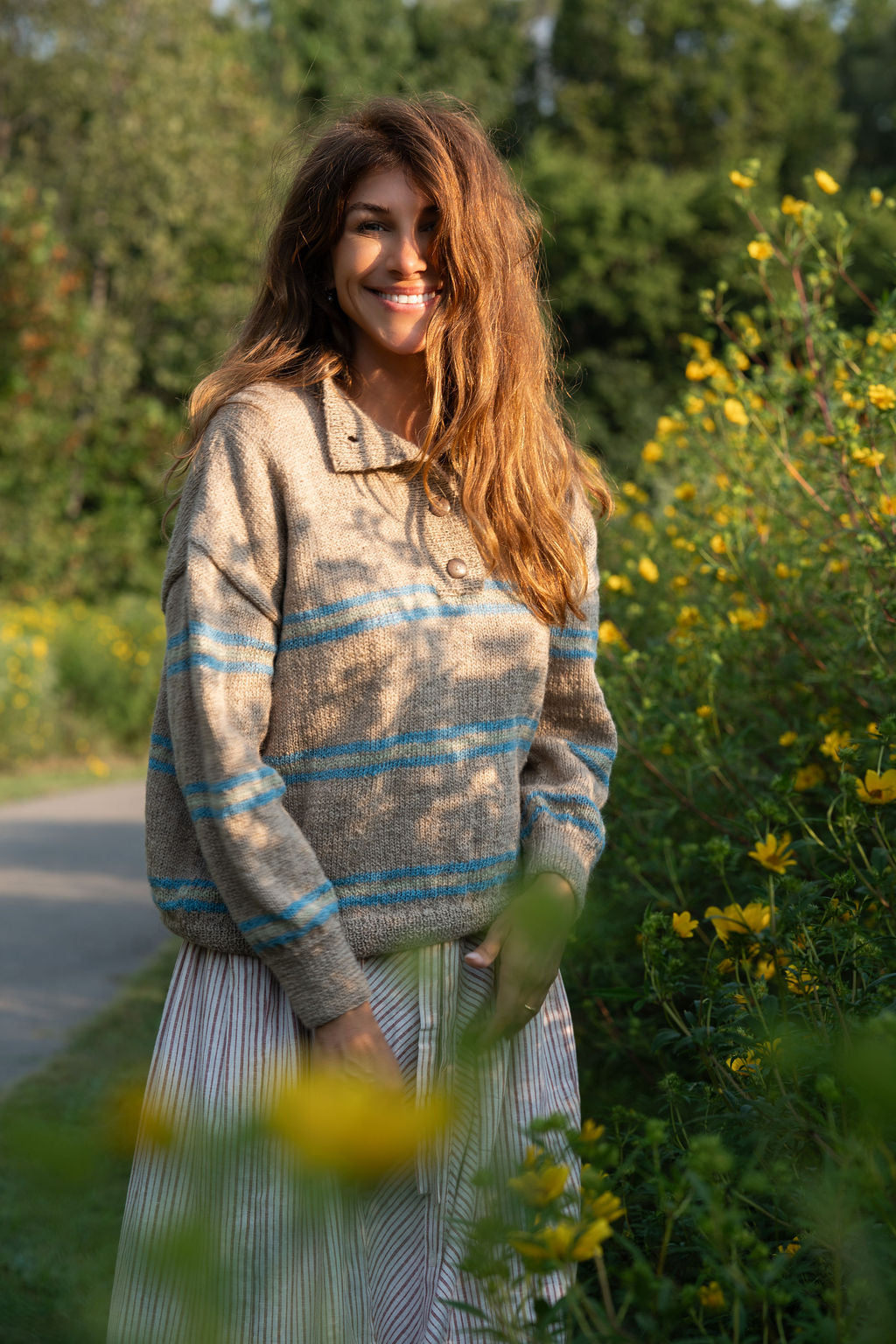 Imogene Oversized Wool Henley in Beige and Blue XS Sample