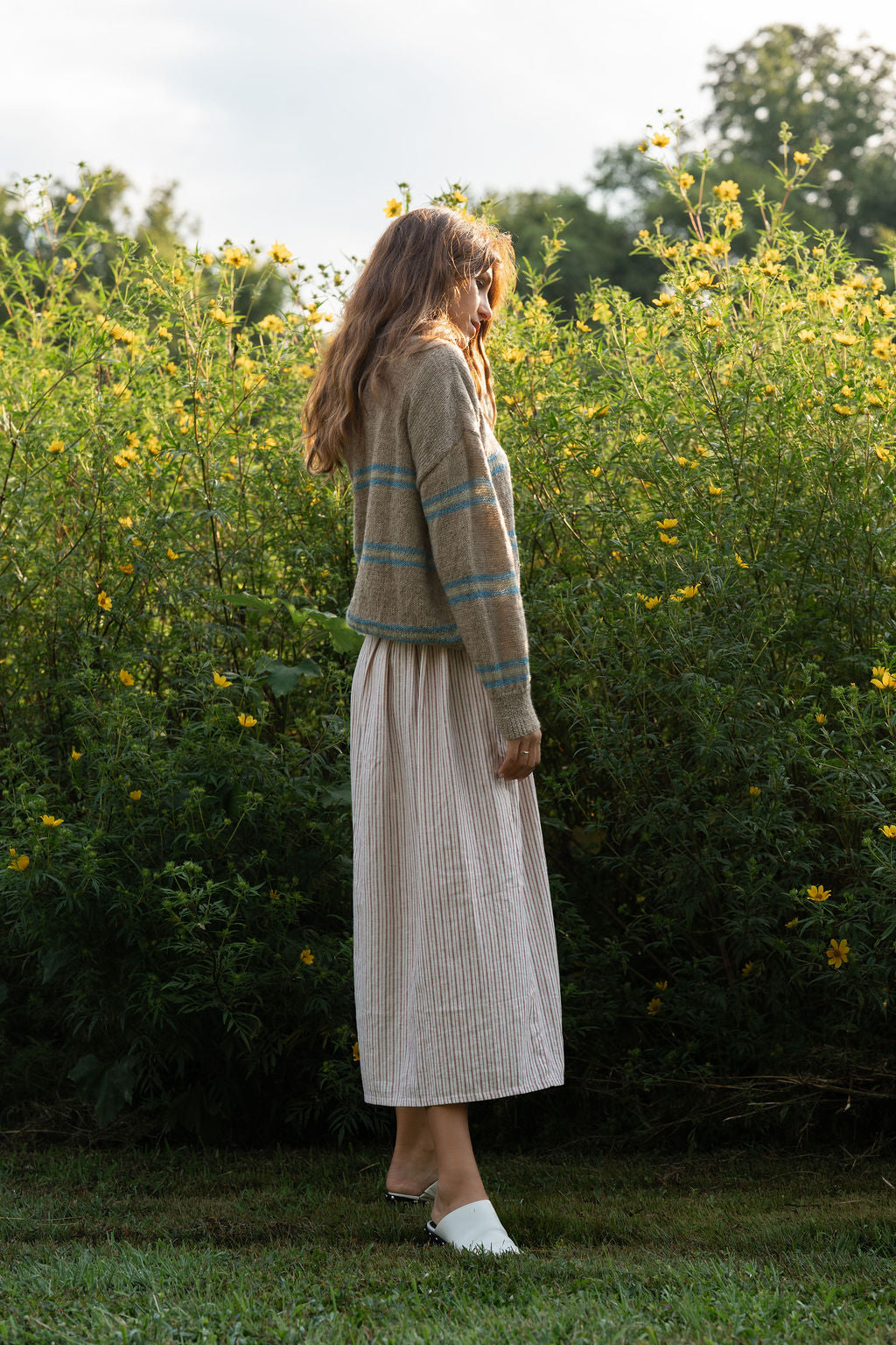 Imogene Oversized Wool Henley in Beige and Blue XS Sample