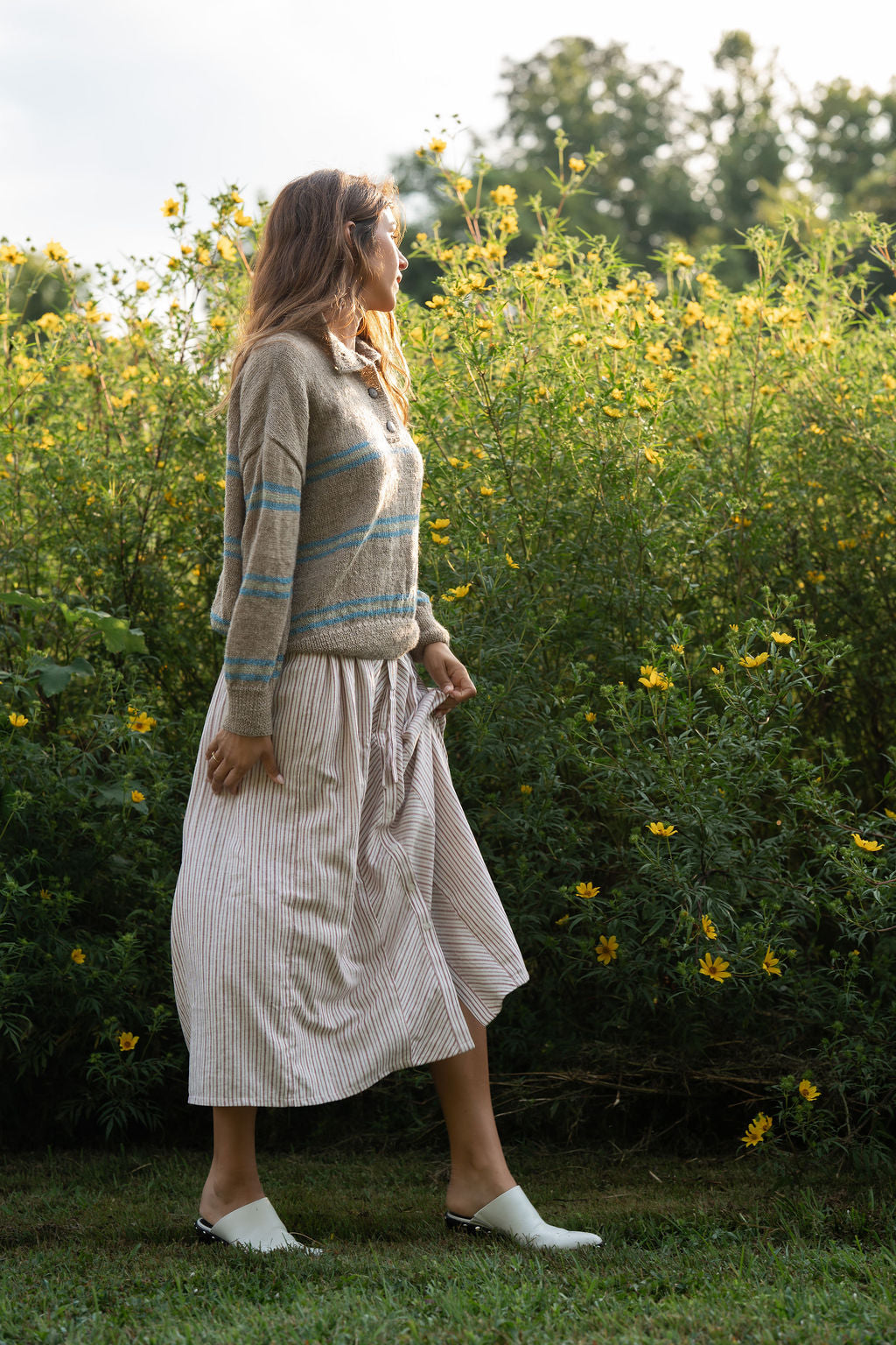 Imogene Oversized Wool Henley in Beige and Blue XS Sample