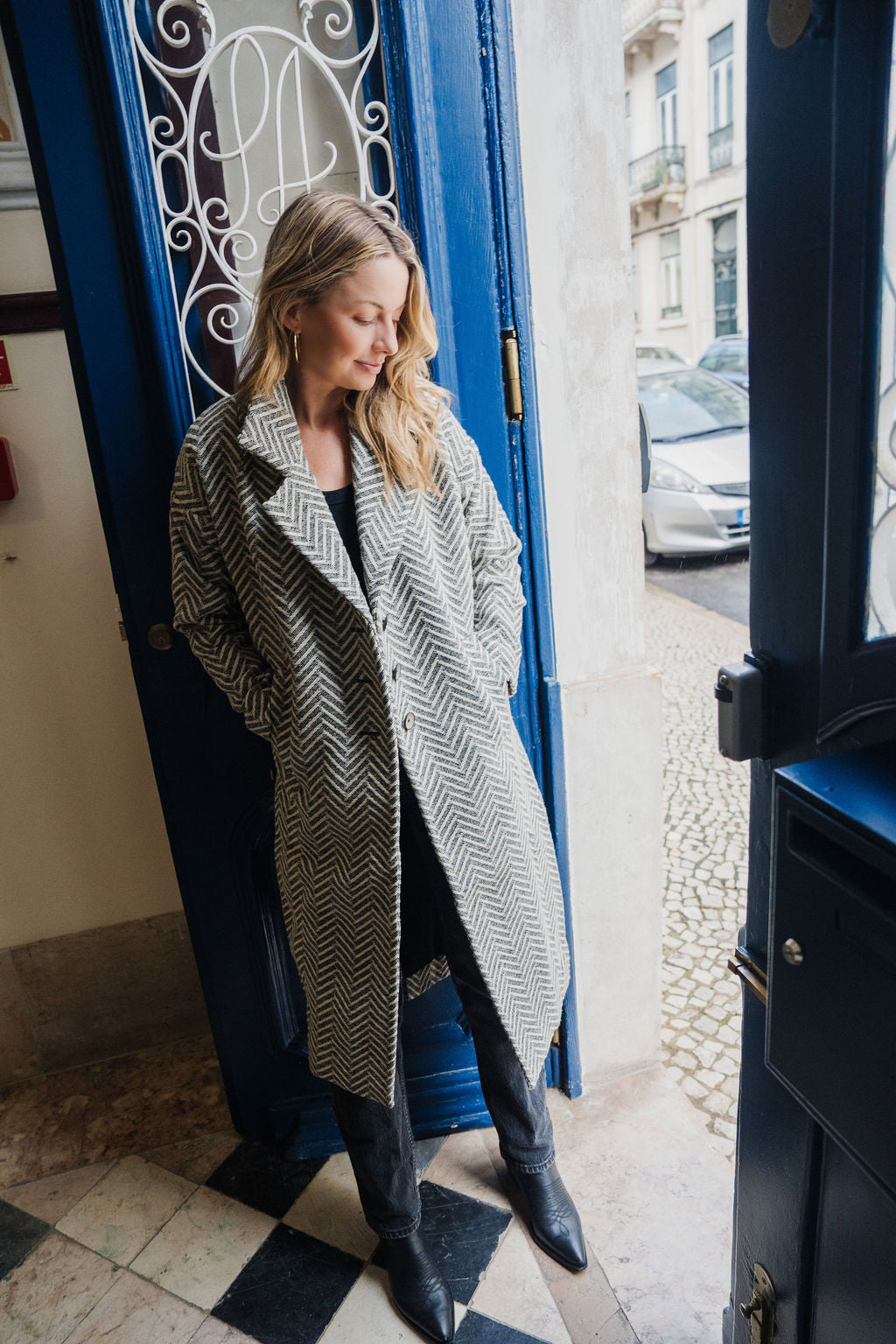 Portuguese Wool Polly Coat in Black and White Herringbone Made to Order