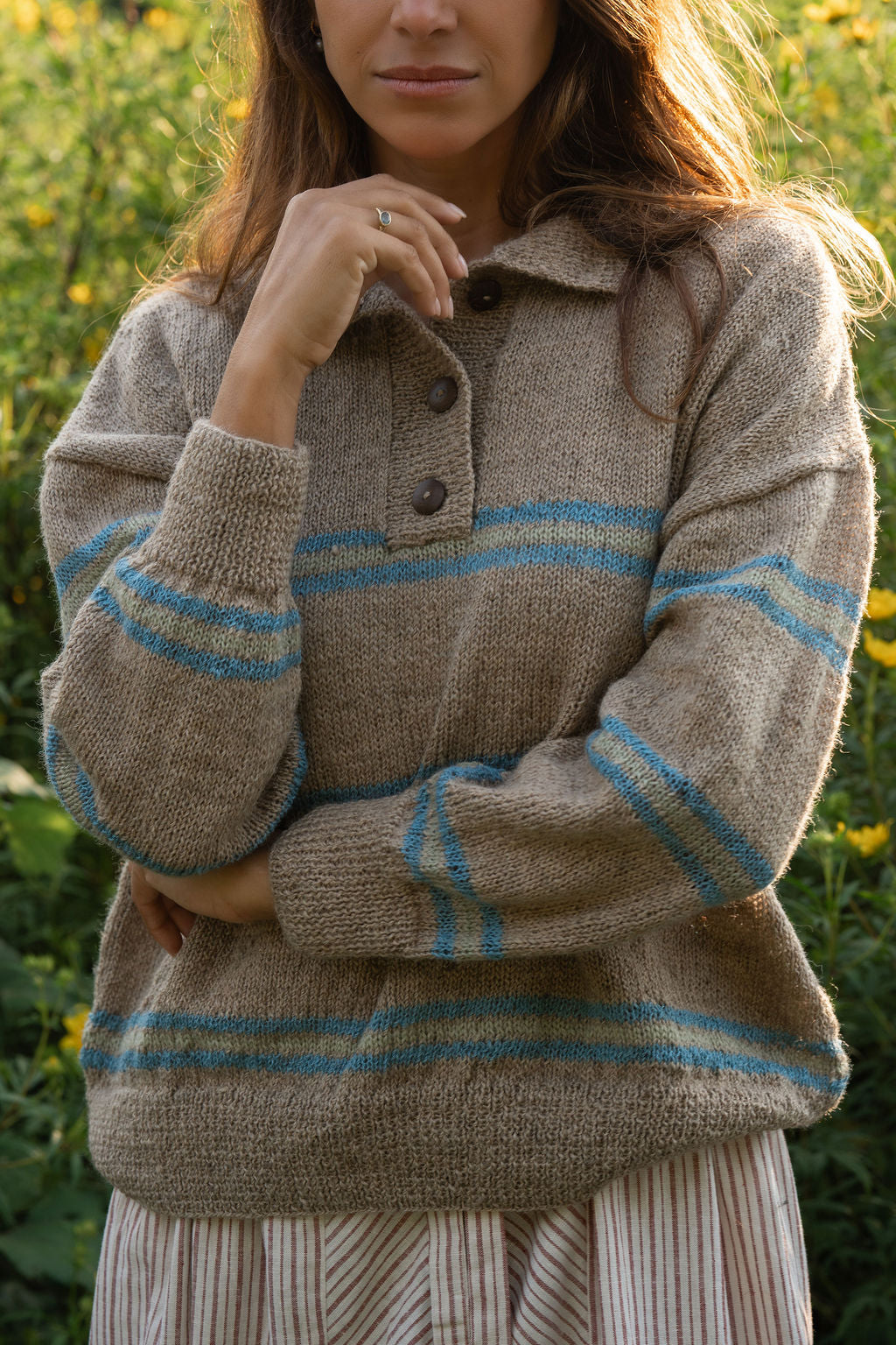 Imogene Oversized Wool Henley in Beige and Blue XS Sample