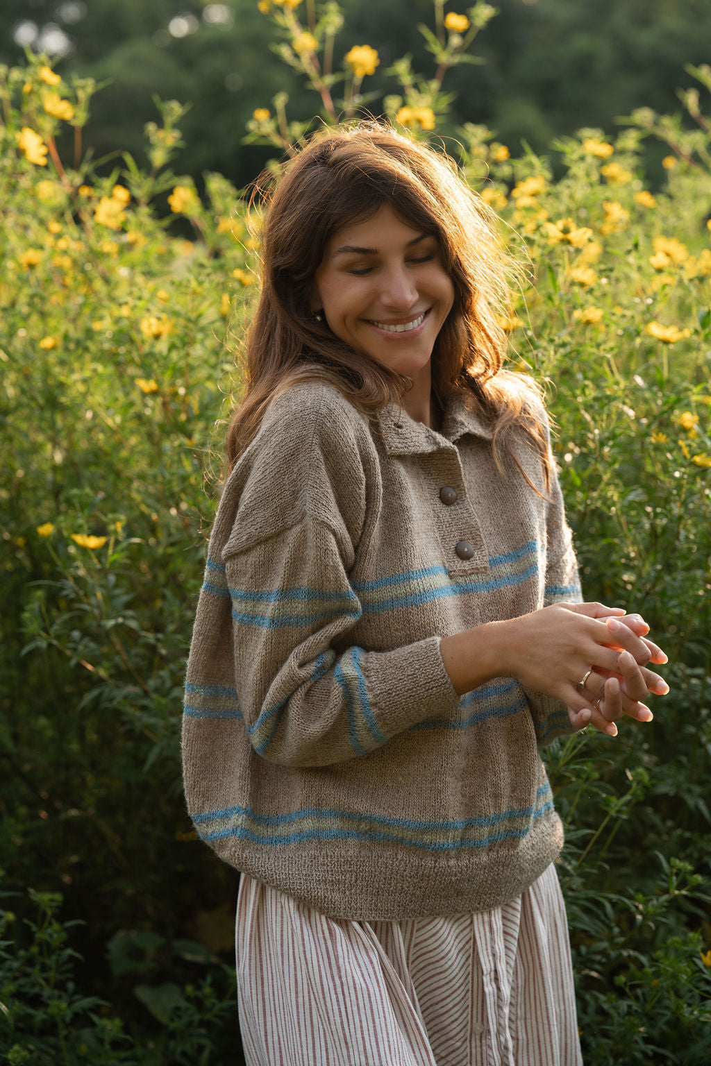 Imogene Oversized Wool Henley in Beige and Blue XS Sample