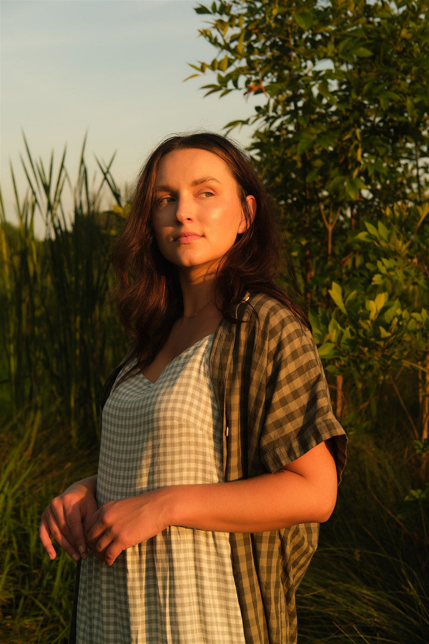 Paige Handwoven Cotton Relaxed Shirt Dress in Green Gingham - L, XL and XXL Left
