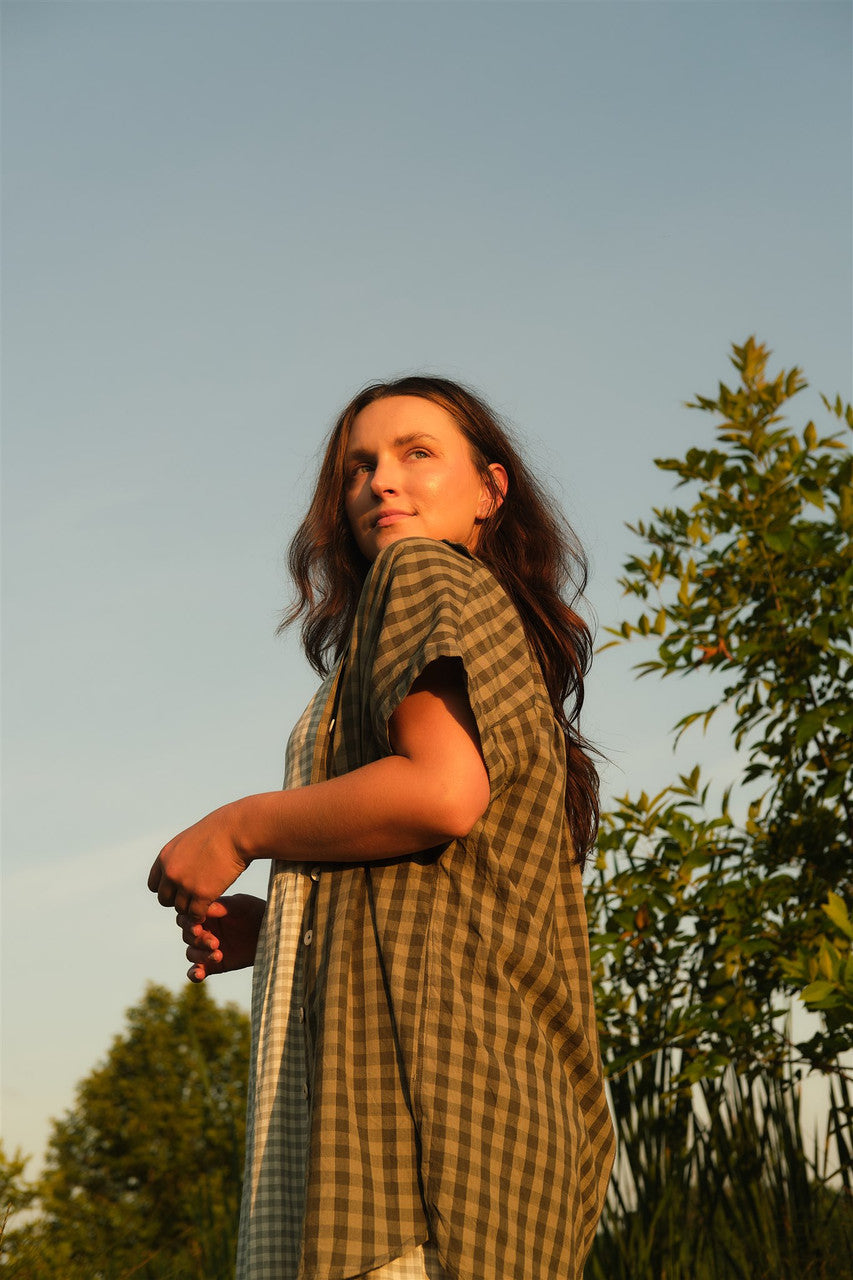 Paige Handwoven Cotton Relaxed Shirt Dress in Green Gingham - L, XL and XXL Left
