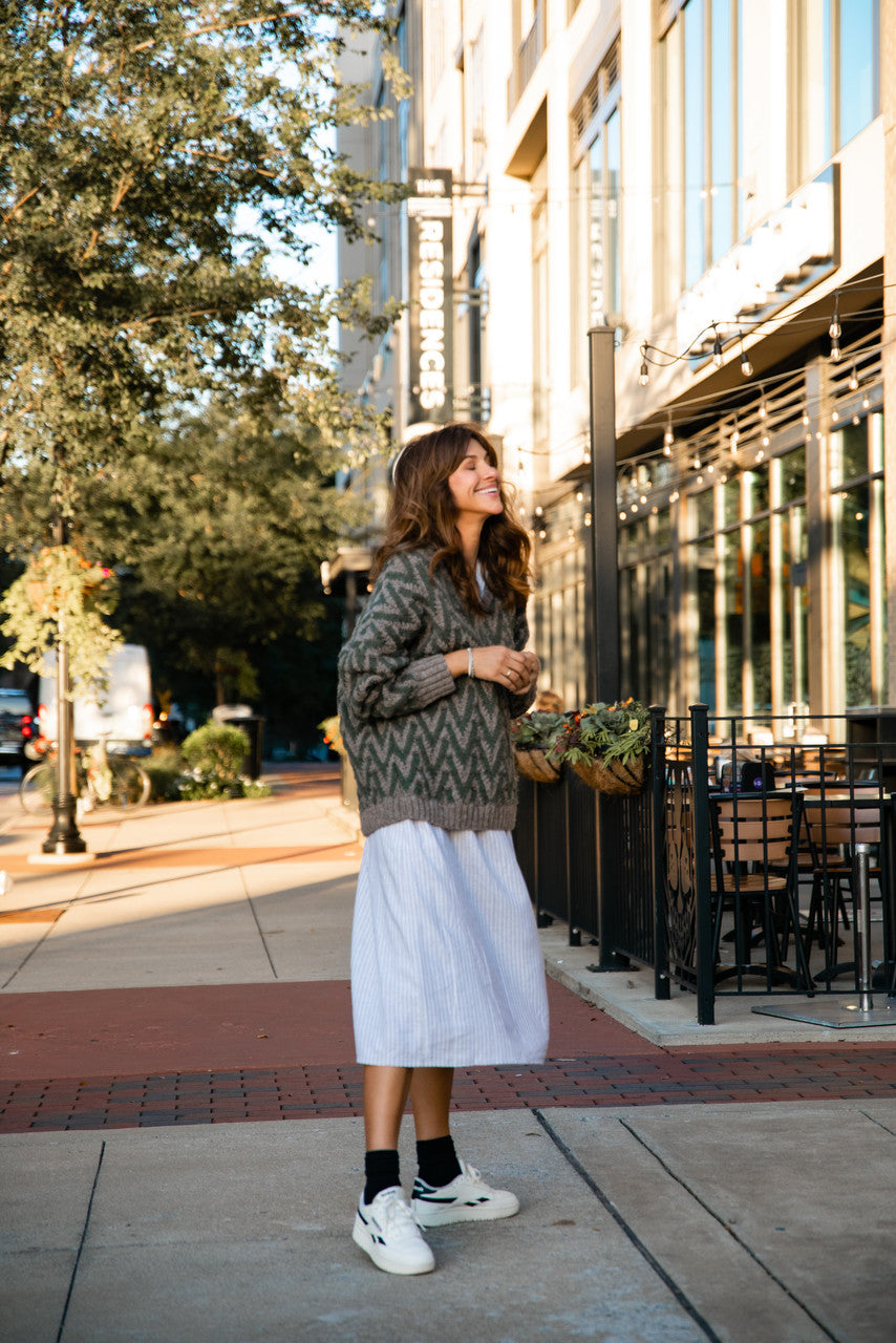 Maeve Textured V Knit Pullover in Green and Beige Made to Order