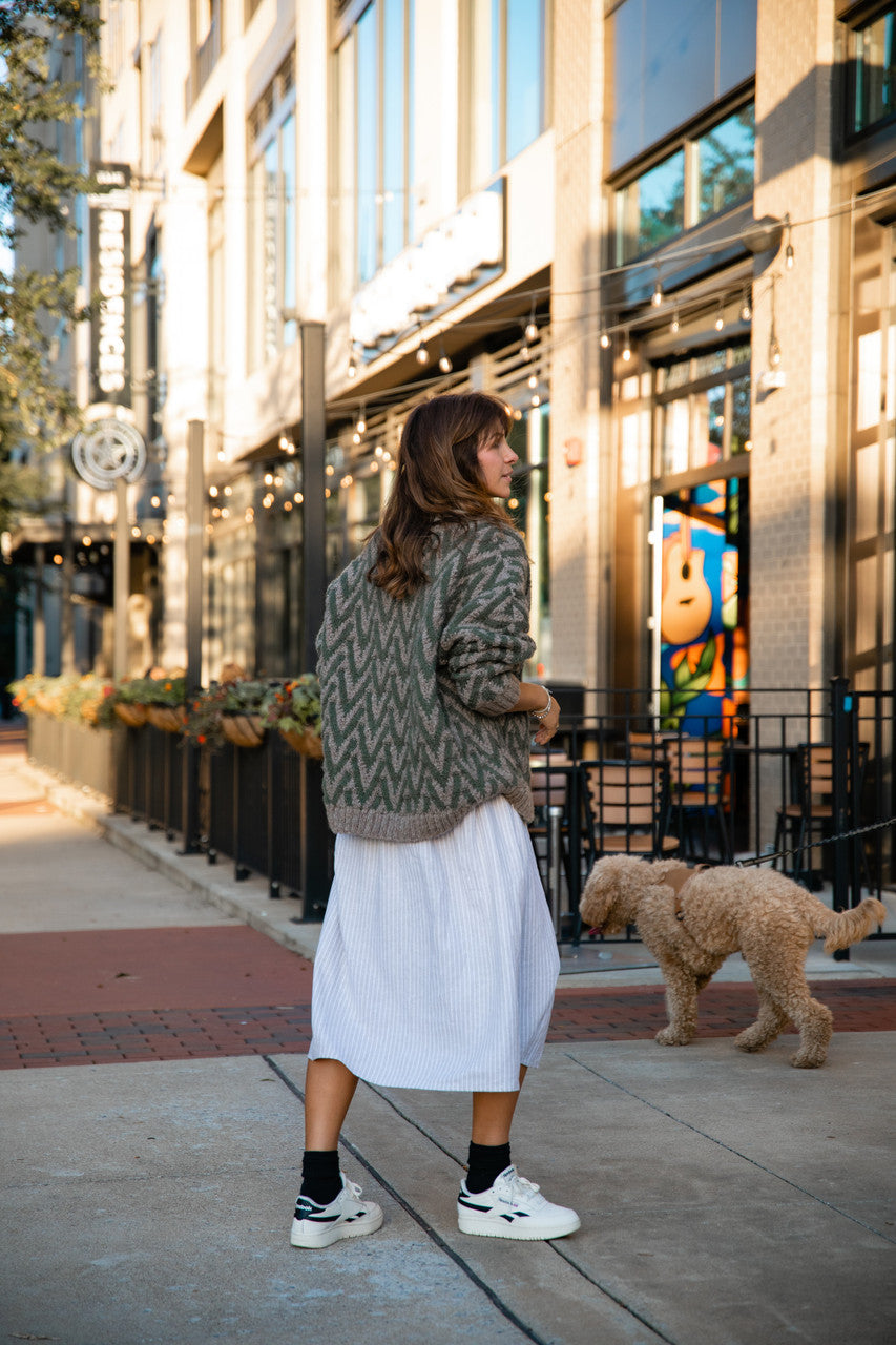 Maeve Textured V Knit Pullover in Green and Beige Made to Order