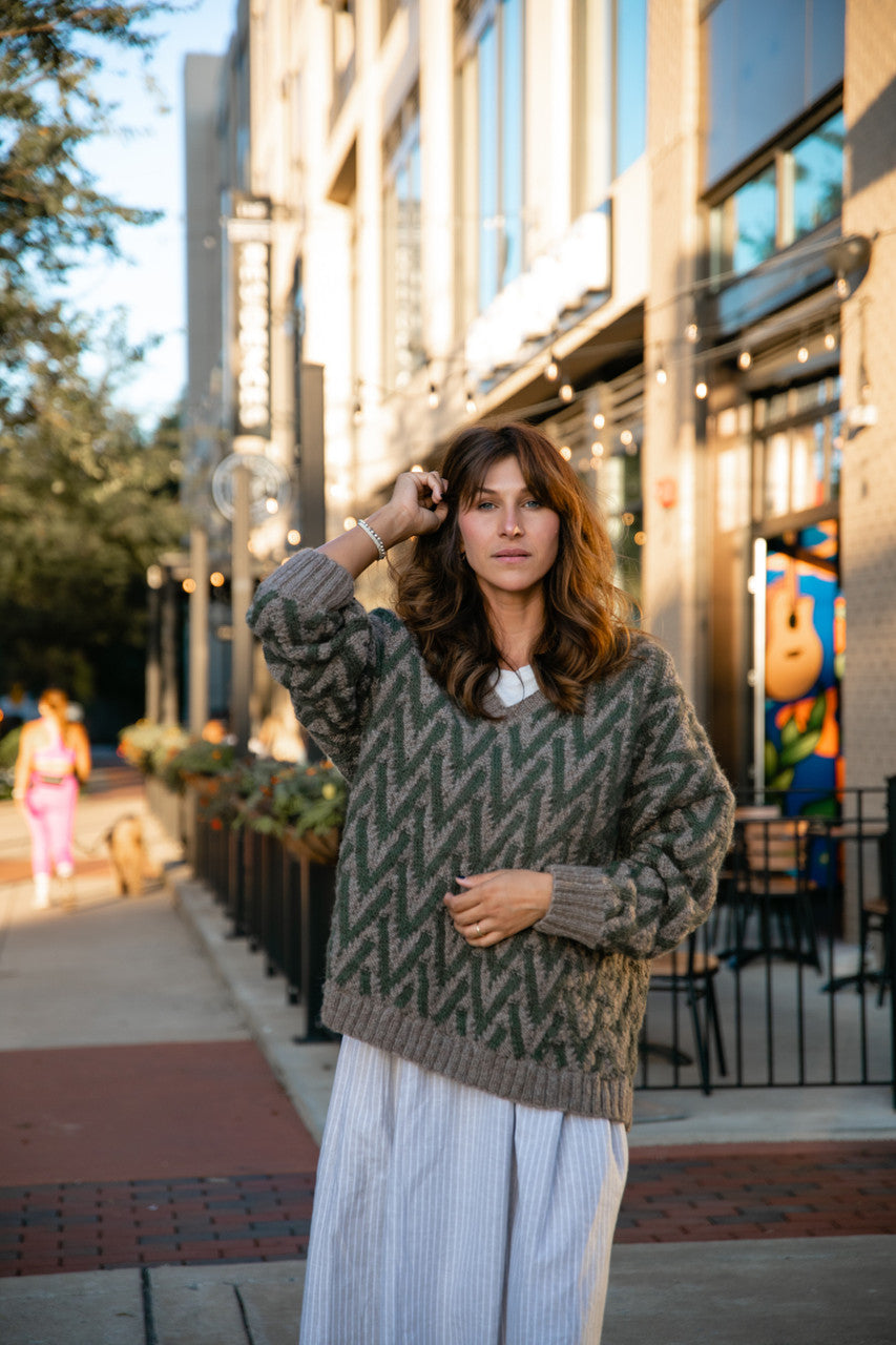 Maeve Textured V Knit Pullover in Green and Beige Made to Order