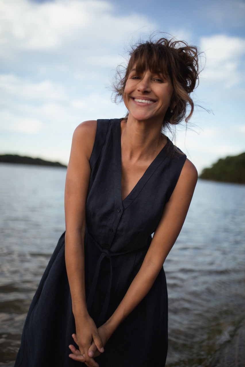 June Dress Sleeveless in Navy Linen - M, L and XL Left