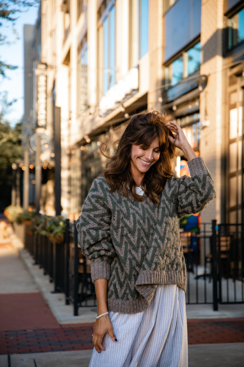 Maeve Textured V Knit Pullover in Green and Beige Made to Order