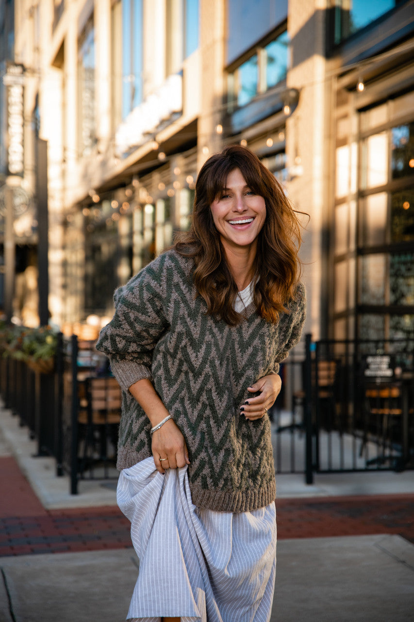 Maeve Textured V Knit Pullover in Green and Beige Made to Order