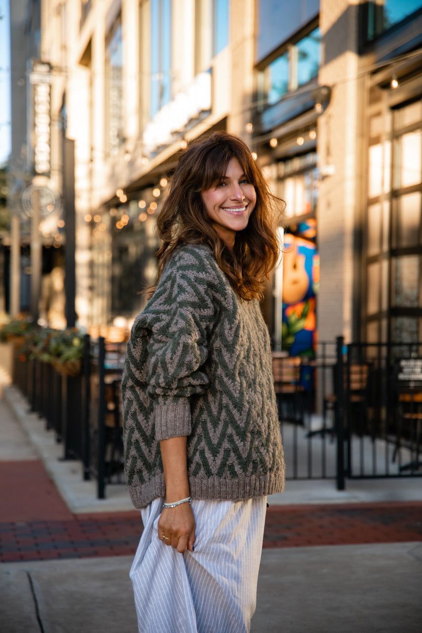 Maeve Textured V Knit Pullover in Green and Beige Made to Order