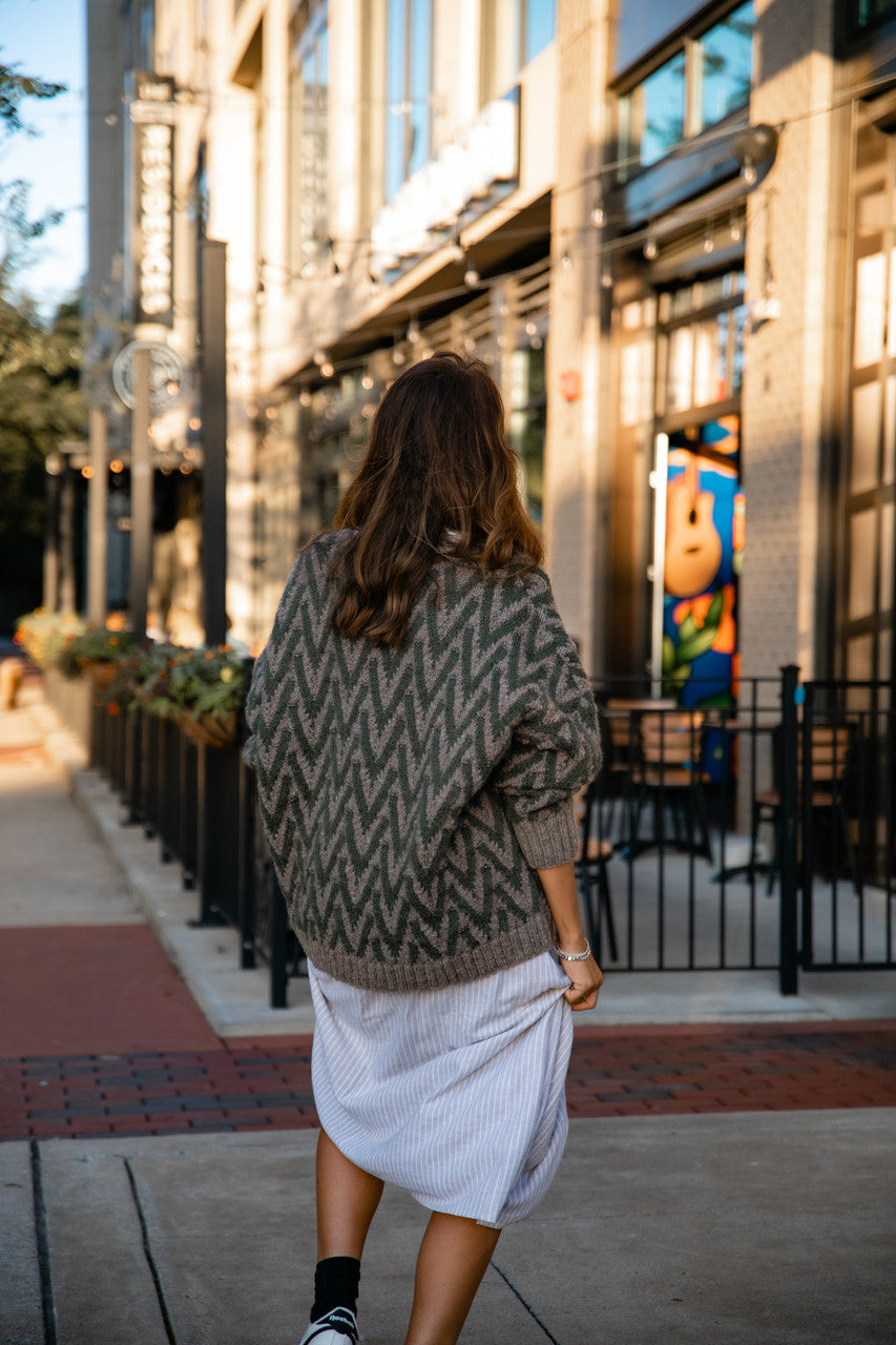 Maeve Textured V Knit Pullover in Green and Beige Made to Order