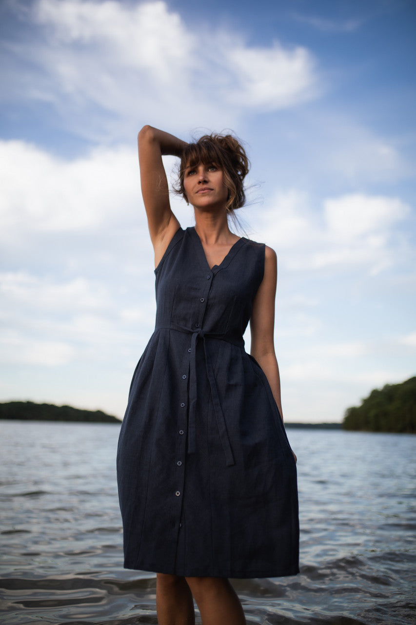 June Dress Sleeveless in Navy Linen - M, L and XL Left