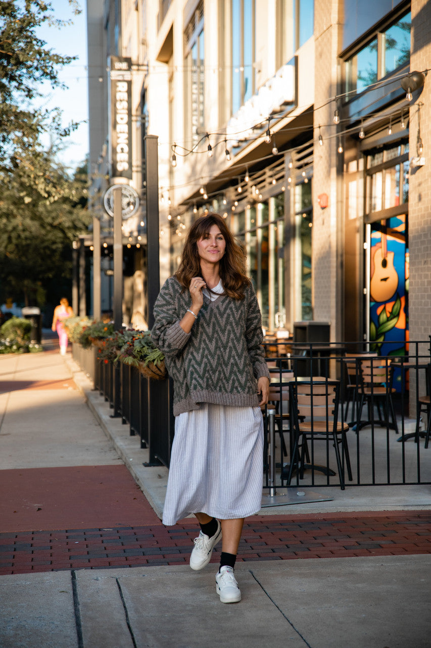 Maeve Textured V Knit Pullover in Green and Beige Made to Order