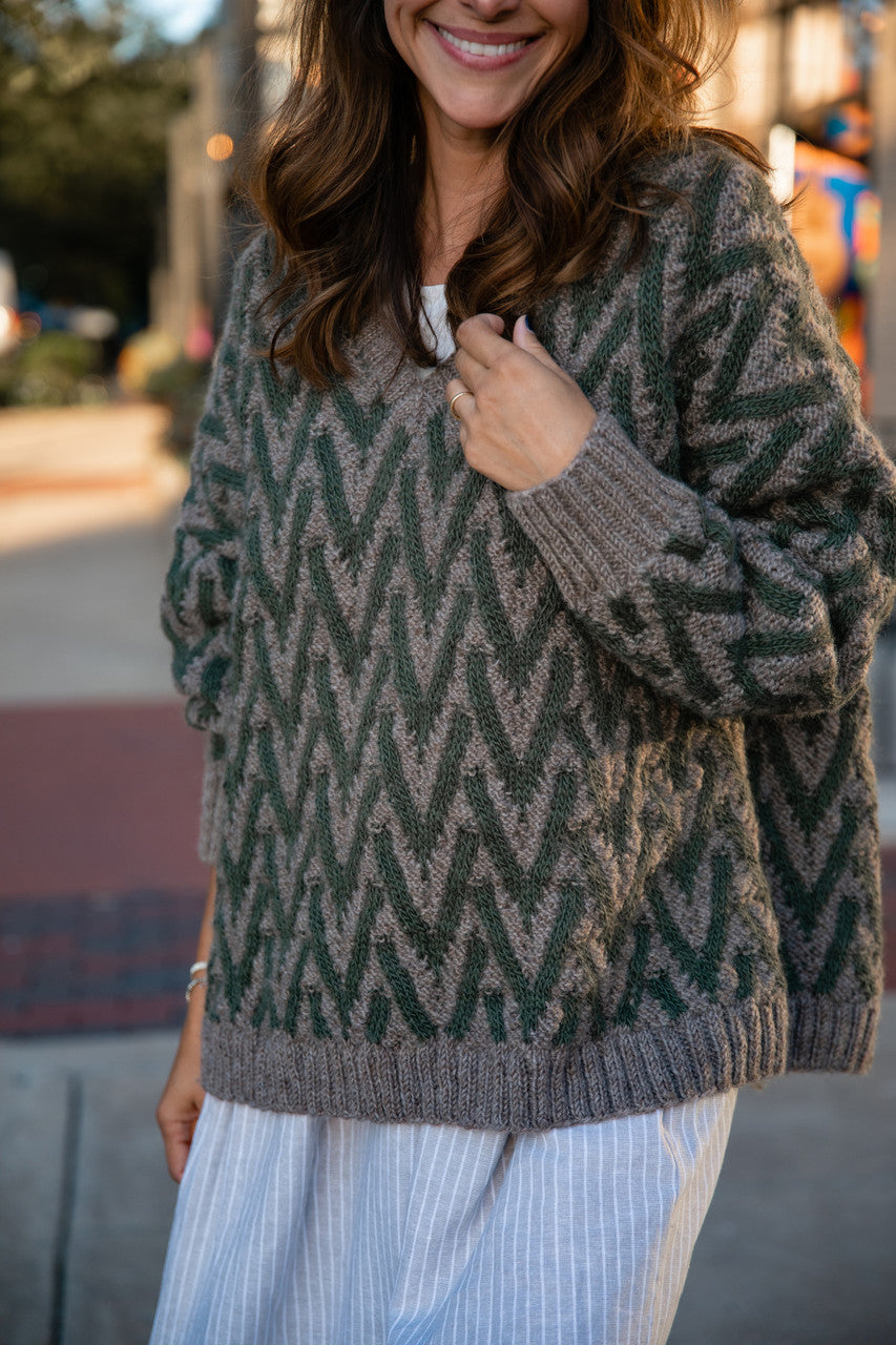 Maeve Textured V Knit Pullover in Green and Beige Made to Order