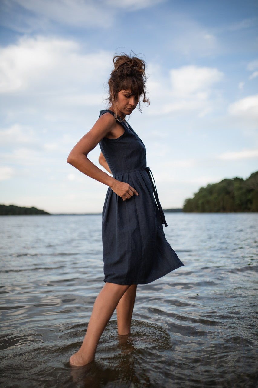 June Dress Sleeveless in Navy Linen - M, L and XL Left