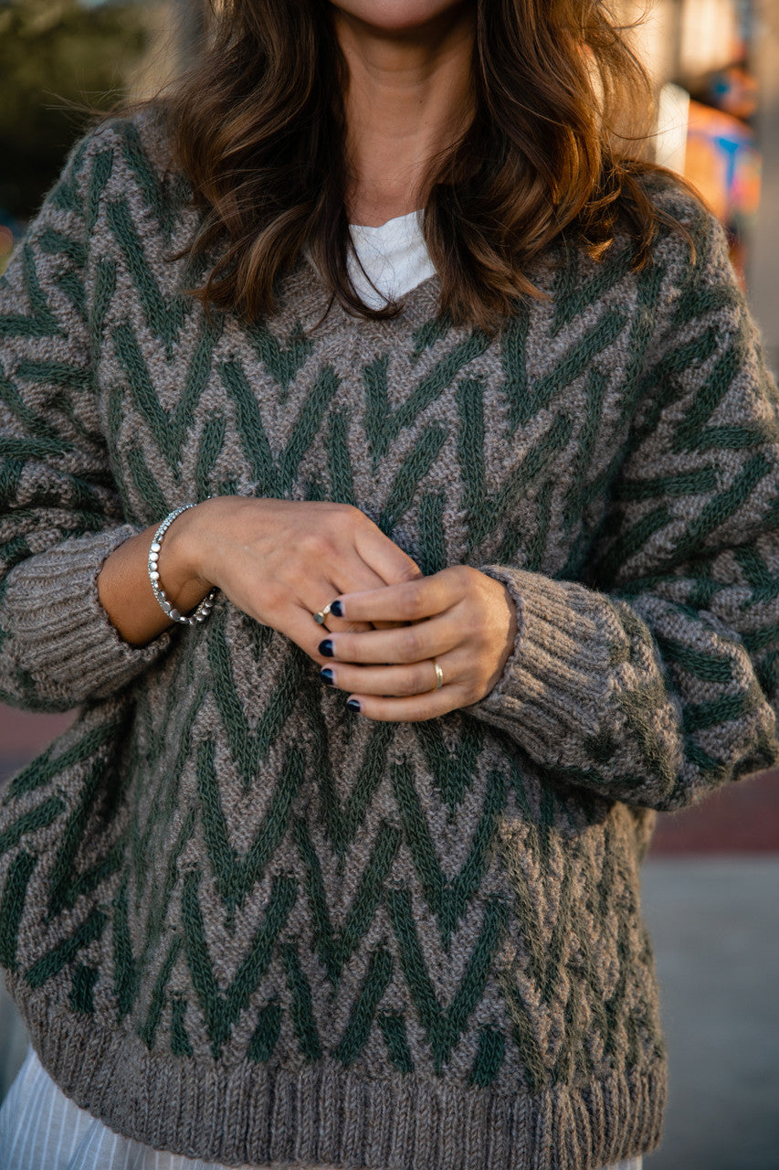 Maeve Textured V Knit Pullover in Green and Beige Made to Order