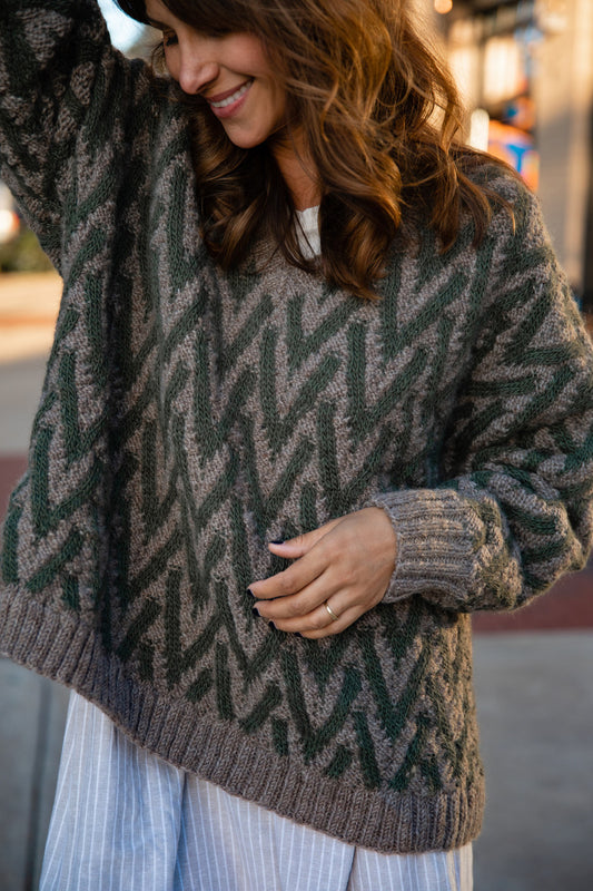 Maeve Textured V Knit Pullover in Green and Beige Made to Order