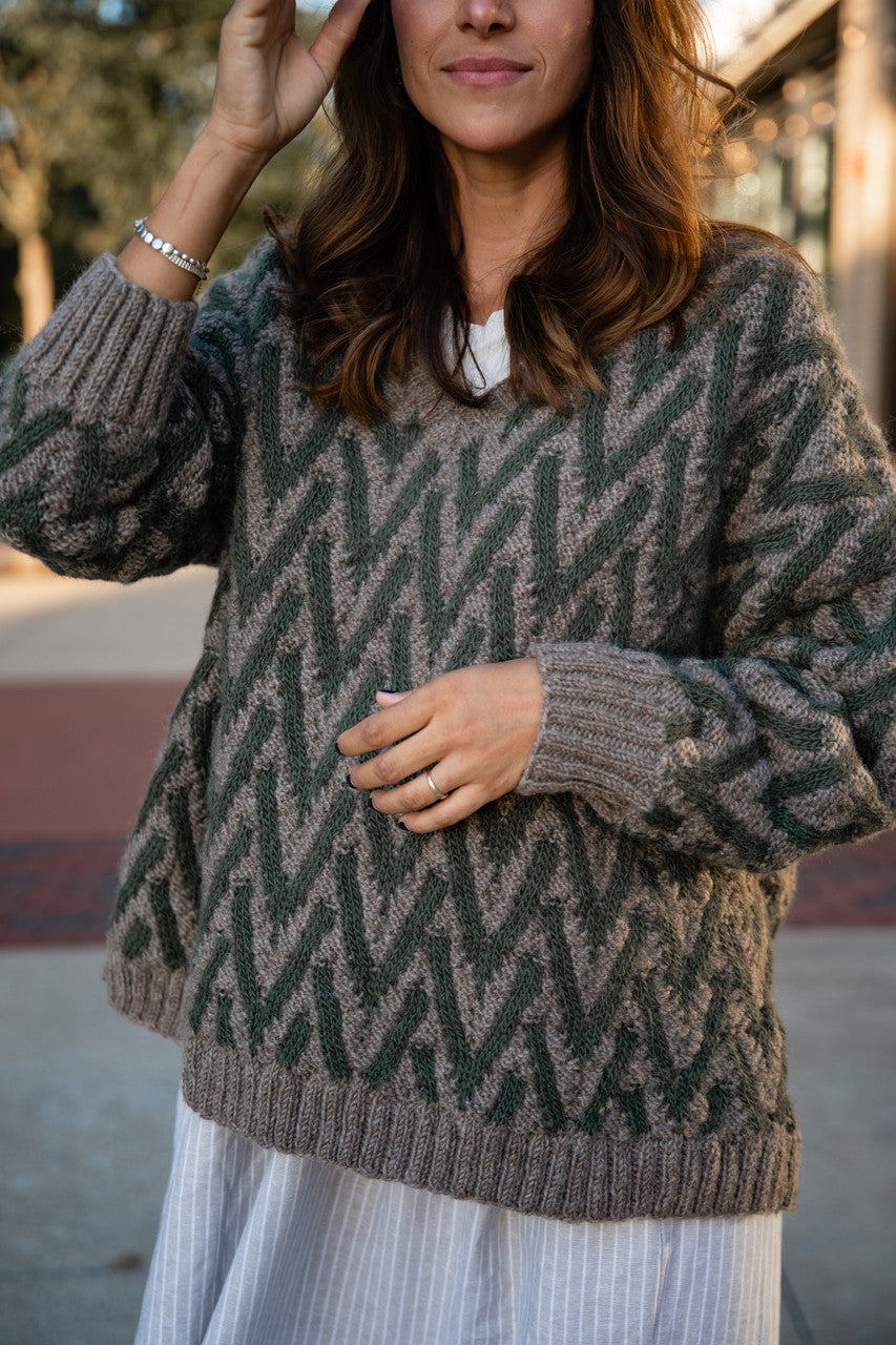 Maeve Textured V Knit Pullover in Green and Beige Made to Order
