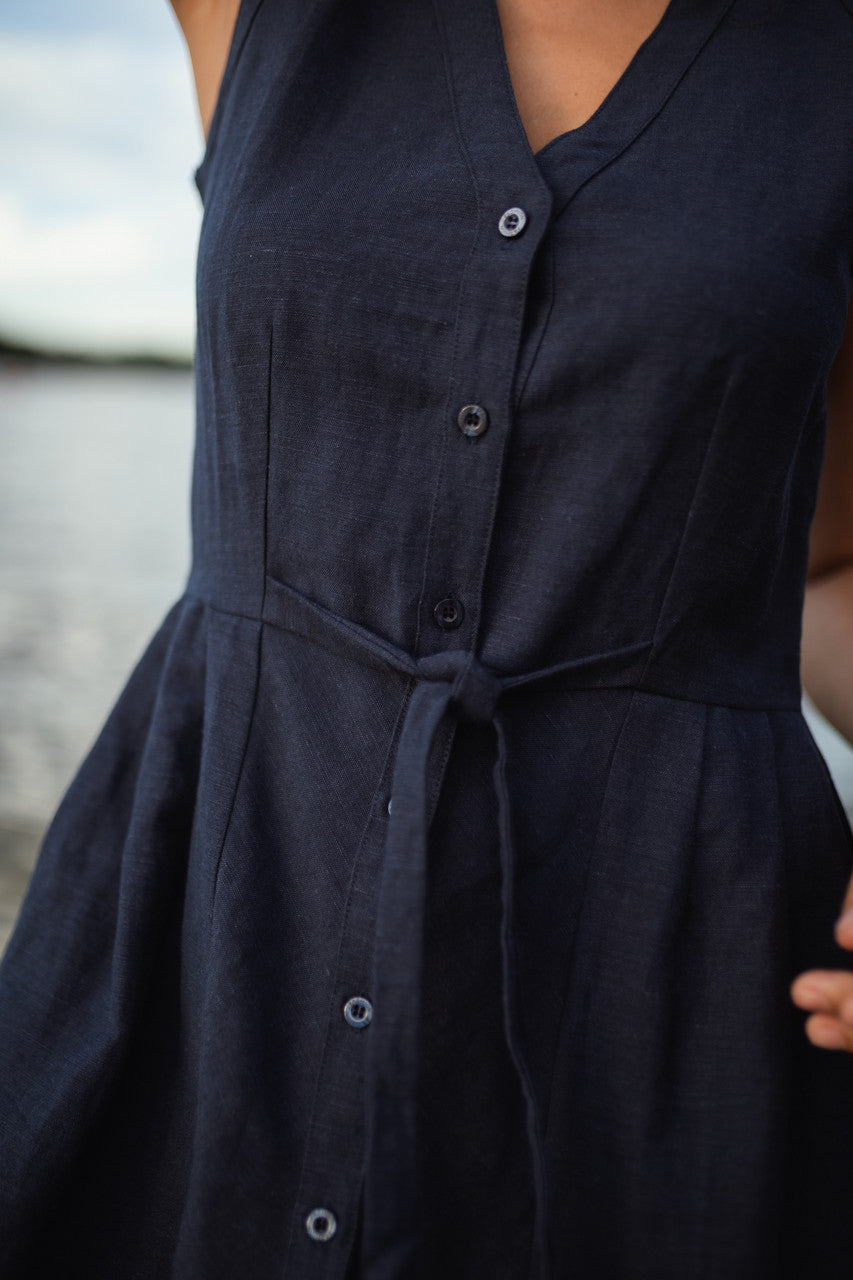 June Dress Sleeveless in Navy Linen - M, L and XL Left