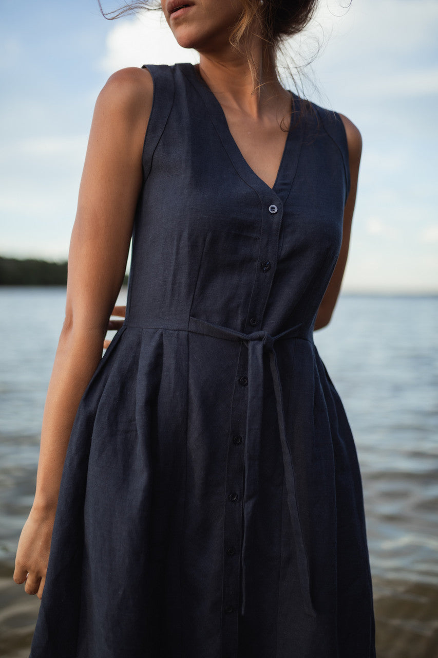 June Dress Sleeveless in Navy Linen - M, L and XL Left