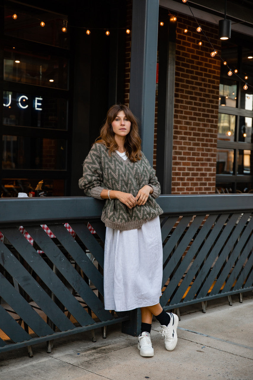 Maeve Textured V Knit Pullover in Green and Beige Made to Order