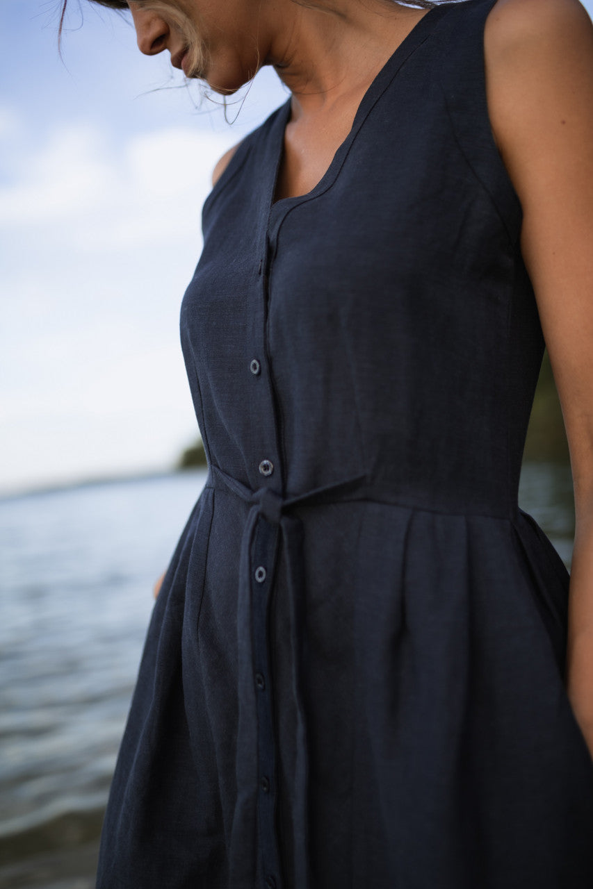June Dress Sleeveless in Navy Linen - M, L and XL Left