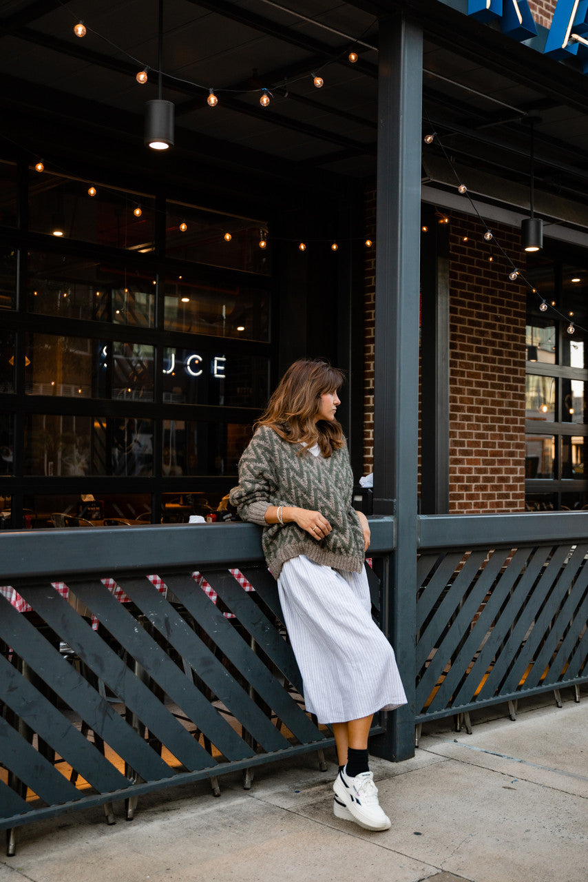 Maeve Textured V Knit Pullover in Green and Beige Made to Order