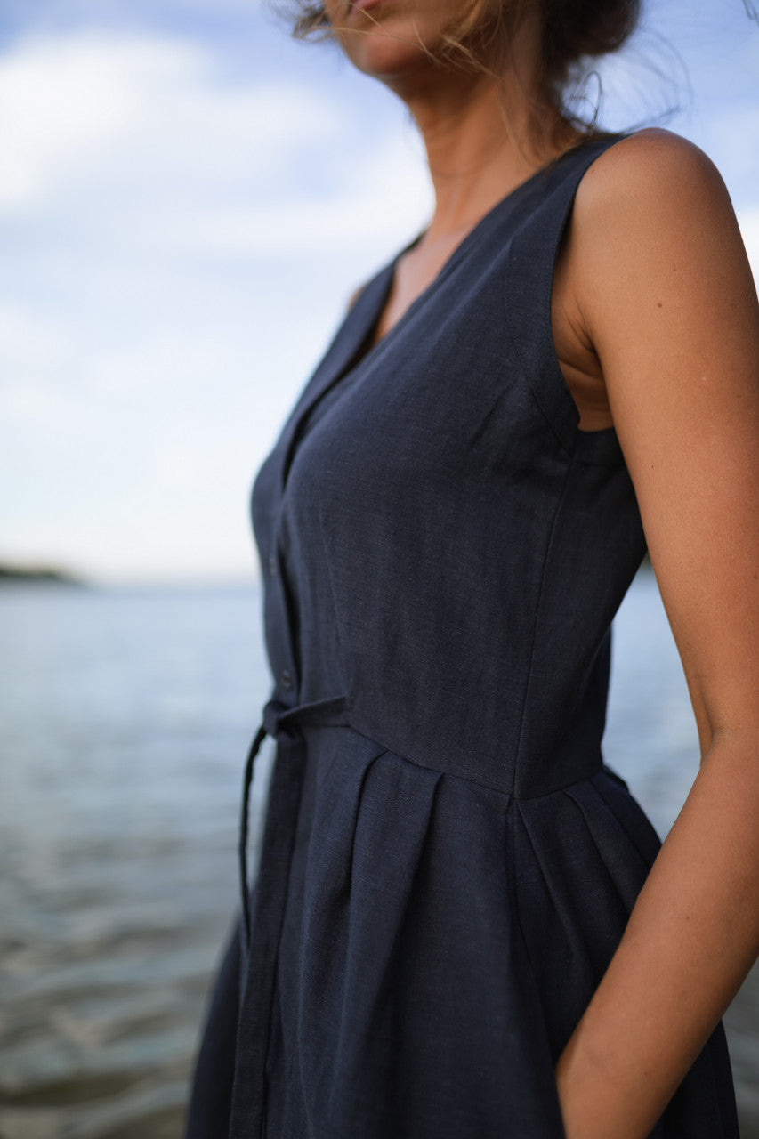 June Dress Sleeveless in Navy Linen - M, L and XL Left