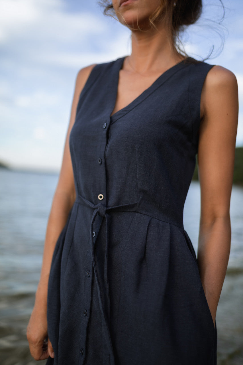 June Dress Sleeveless in Navy Linen - M, L and XL Left