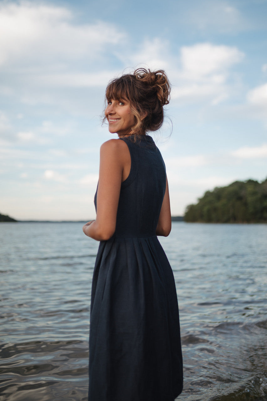 June Dress Sleeveless in Navy Linen - M, L and XL Left