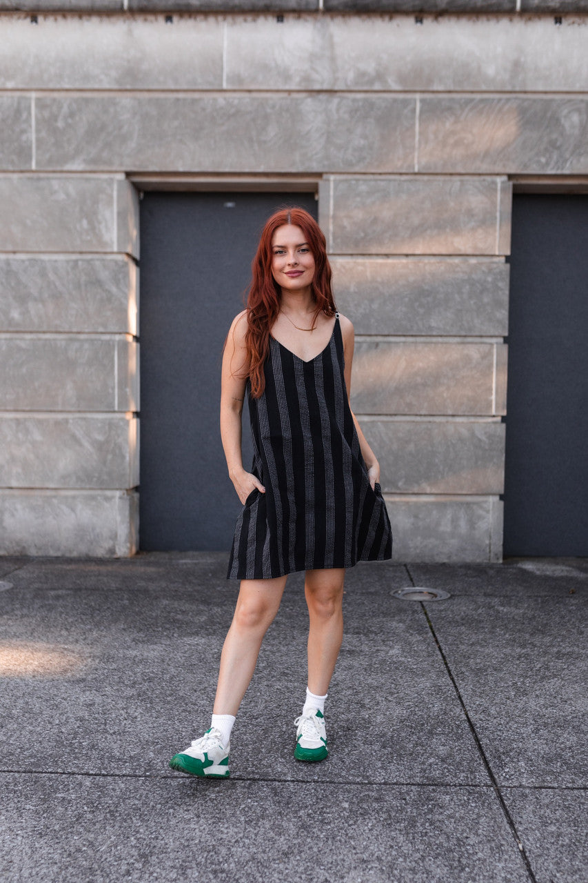 Ruthi Handwoven Cotton Dress in Black and White Stripe - XS Sample