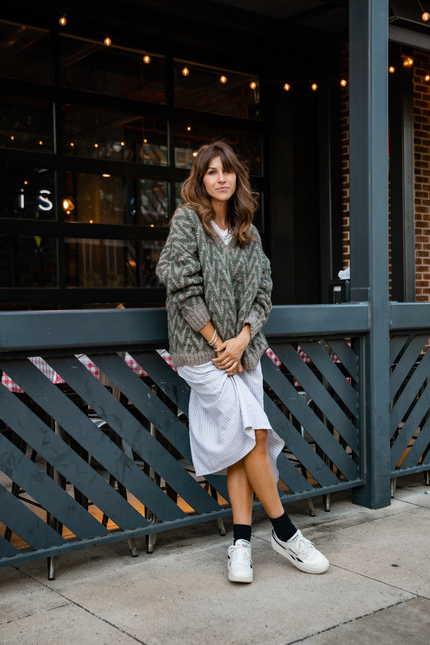 Maeve Textured V Knit Pullover in Green and Beige Made to Order