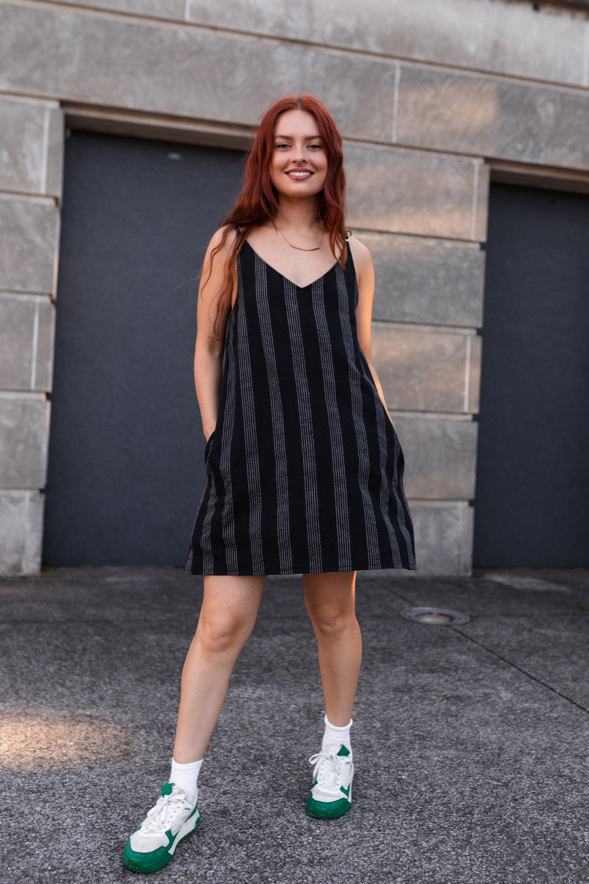 Ruthi Handwoven Cotton Dress in Black and White Stripe - XS Sample