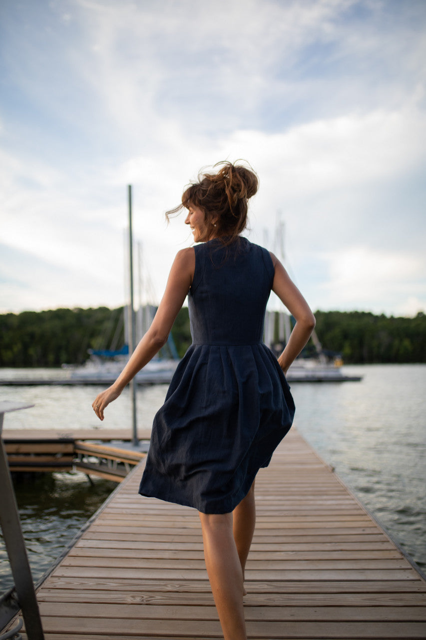 June Dress Sleeveless in Navy Linen - M, L and XL Left