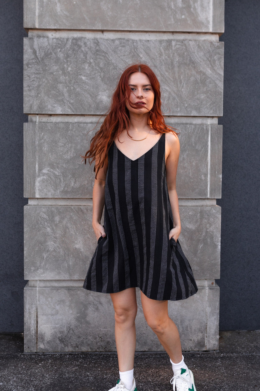 Ruthi Handwoven Cotton Dress in Black and White Stripe - XS Sample
