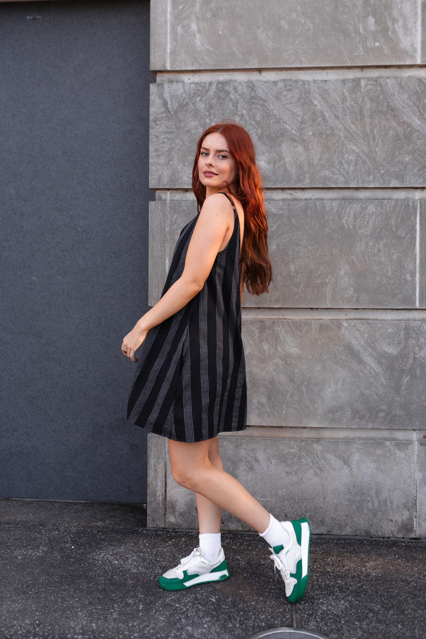 Ruthi Handwoven Cotton Dress in Black and White Stripe - XS Sample