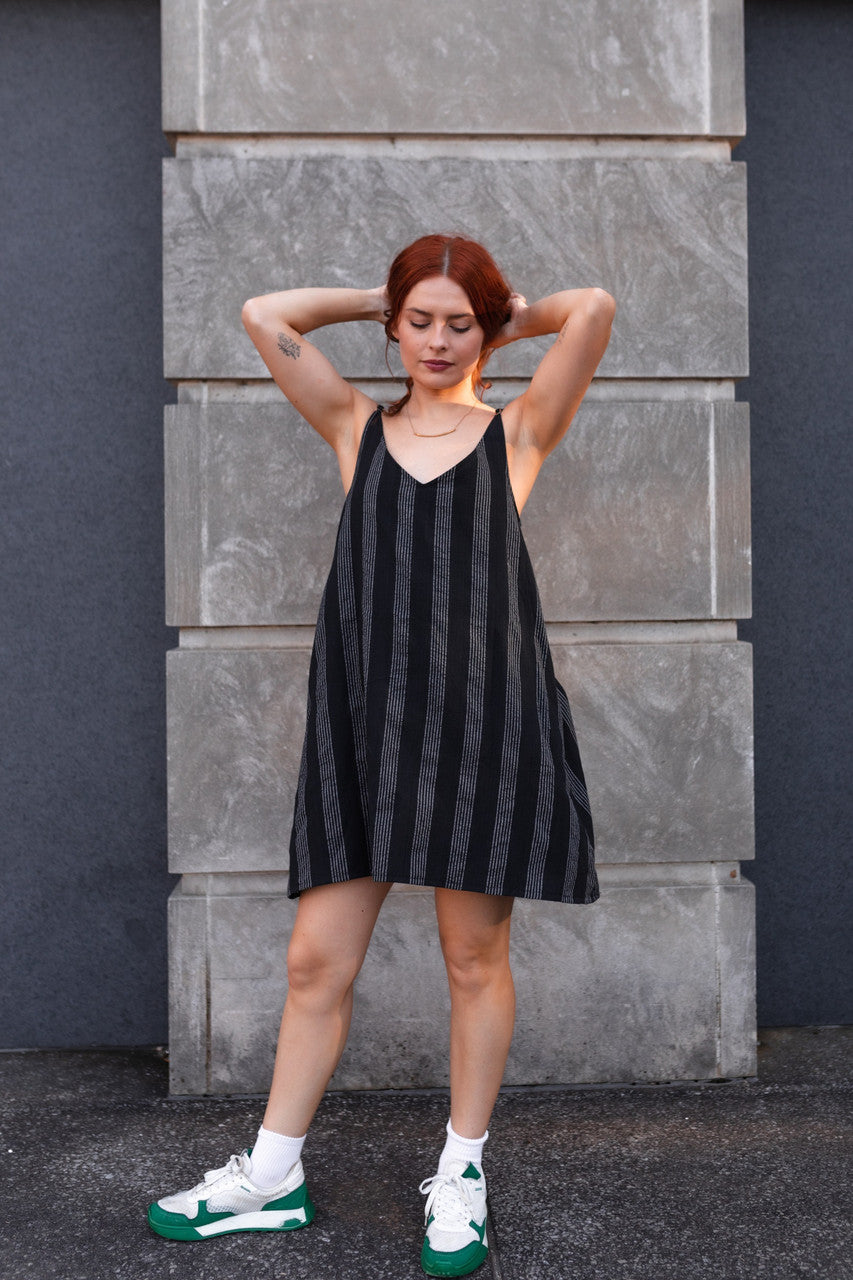 Ruthi Handwoven Cotton Dress in Black and White Stripe - XS Sample