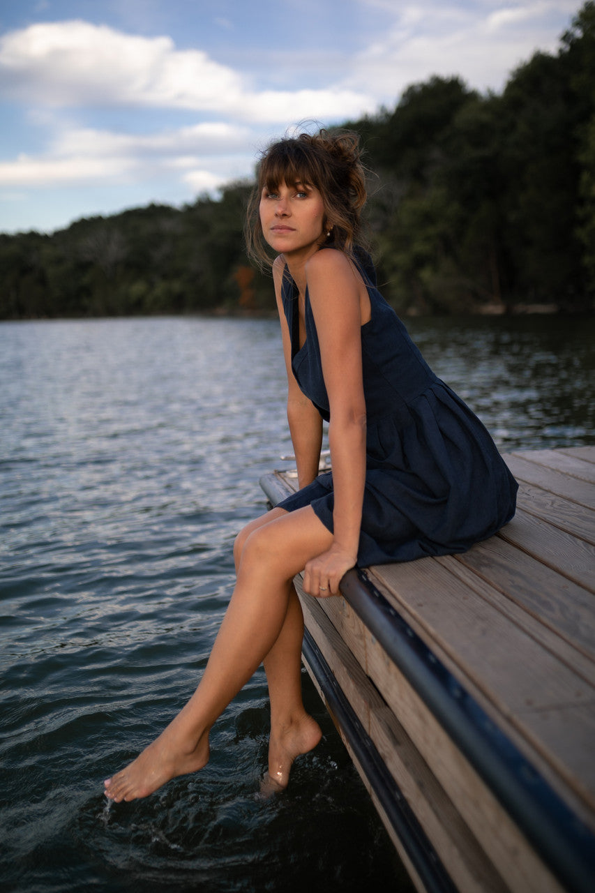 June Dress Sleeveless in Navy Linen - M, L and XL Left