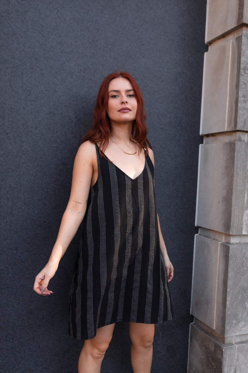 Ruthi Handwoven Cotton Dress in Black and White Stripe - XS Sample