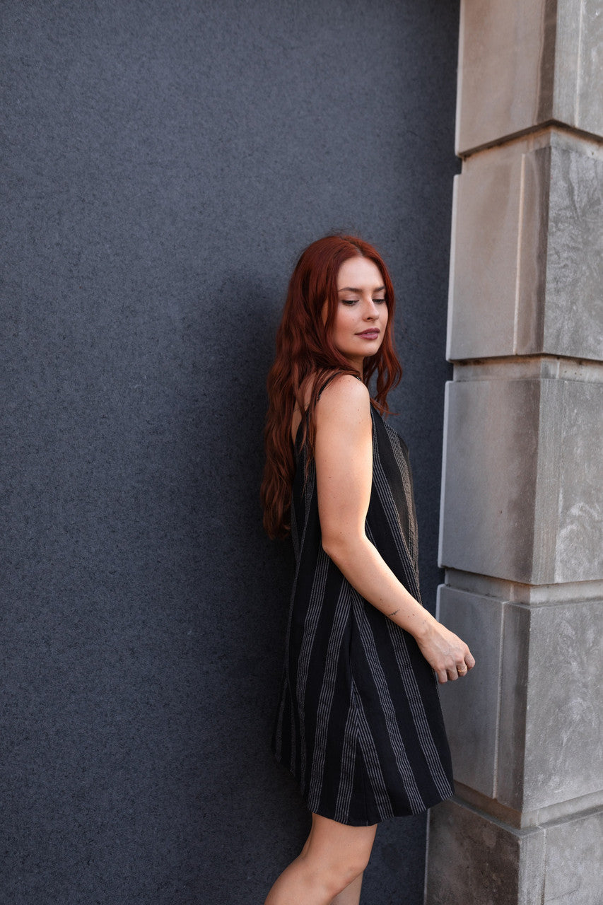 Ruthi Handwoven Cotton Dress in Black and White Stripe - XS Sample