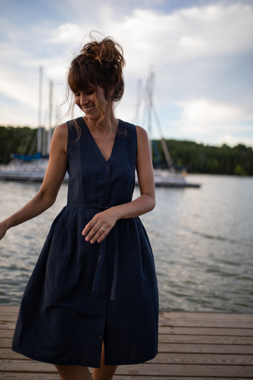 June Dress Sleeveless in Navy Linen - M, L and XL Left