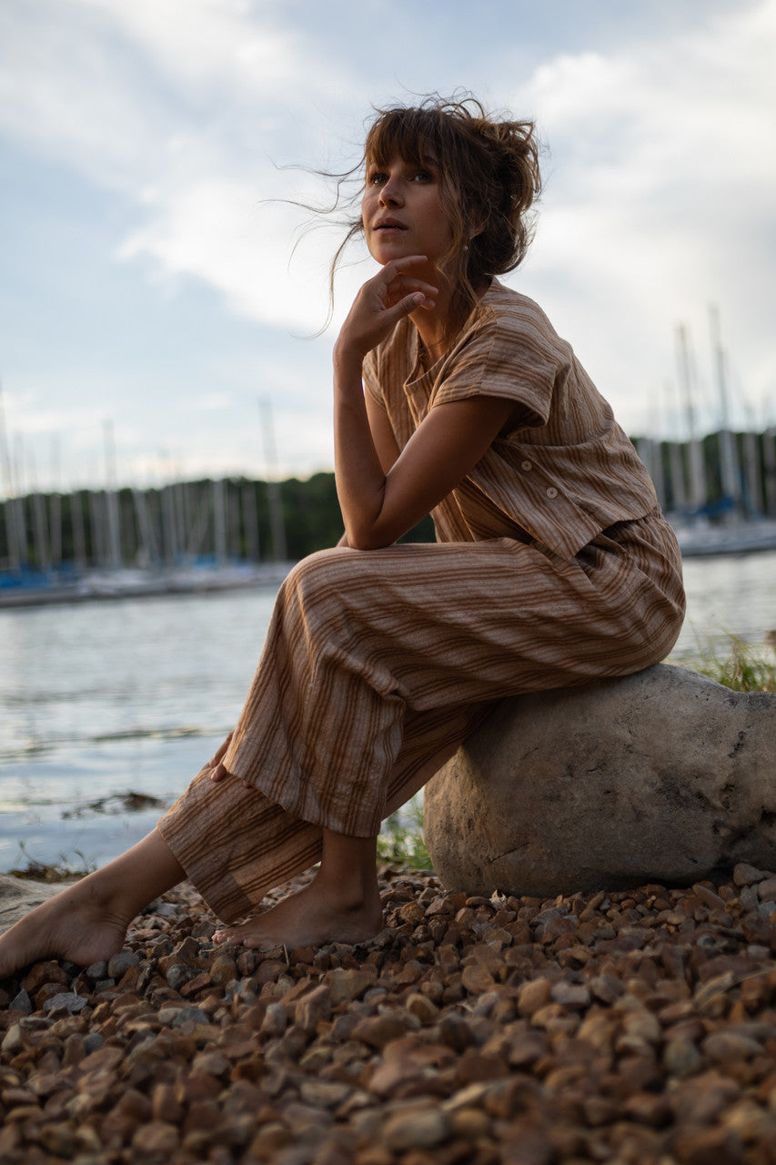 Katie Handwoven Cotton Set in Mustard and Cream Stripe - S and M Pants Left
