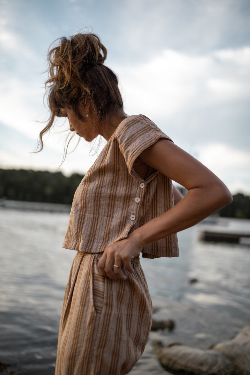 Katie Handwoven Cotton Set in Mustard and Cream Stripe - S and M Pants Left