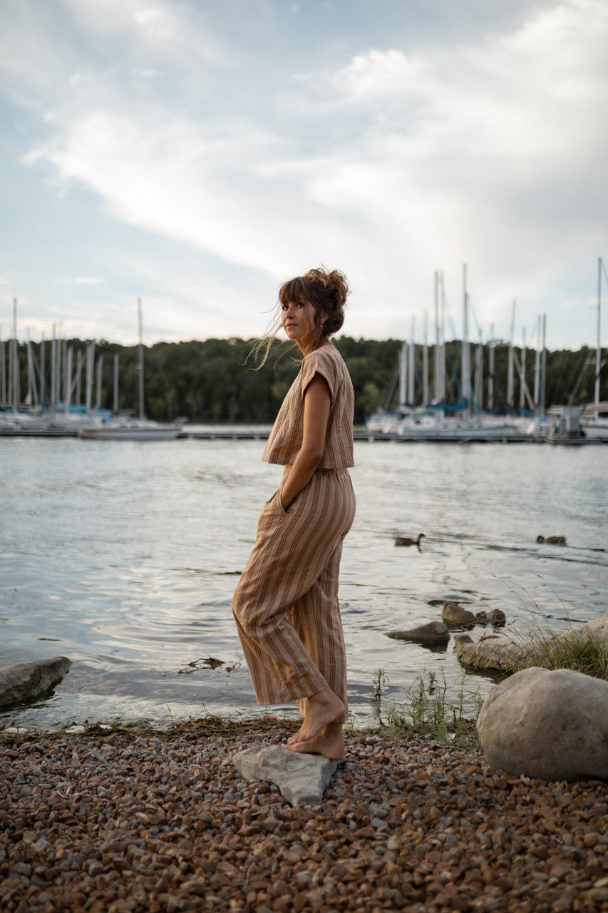 Katie Handwoven Cotton Set in Mustard and Cream Stripe - S and M Pants Left