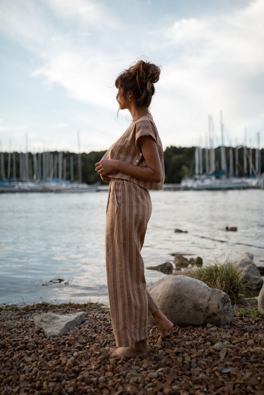 Katie Handwoven Cotton Set in Mustard and Cream Stripe - S and M Pants Left