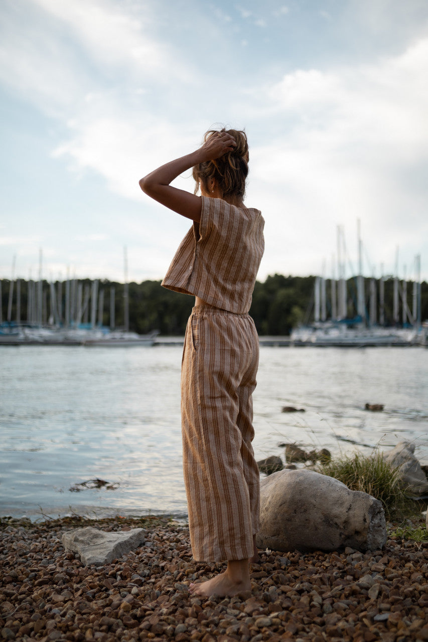 Katie Handwoven Cotton Set in Mustard and Cream Stripe - S and M Pants Left