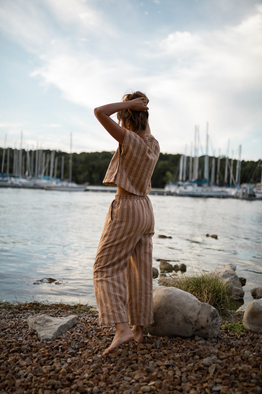 Katie Handwoven Cotton Set in Mustard and Cream Stripe - S and M Pants Left