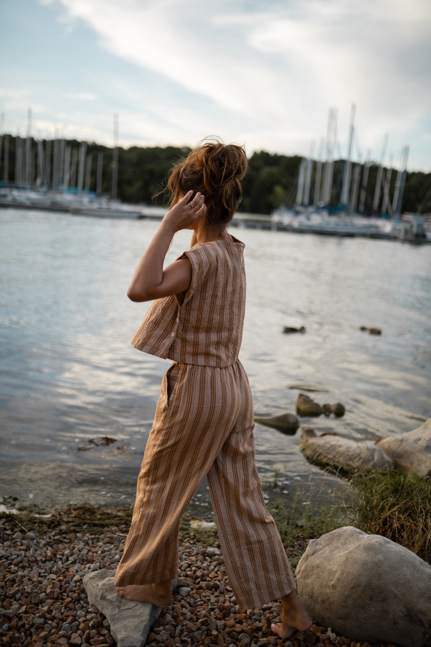 Katie Handwoven Cotton Set in Mustard and Cream Stripe - S and M Pants Left